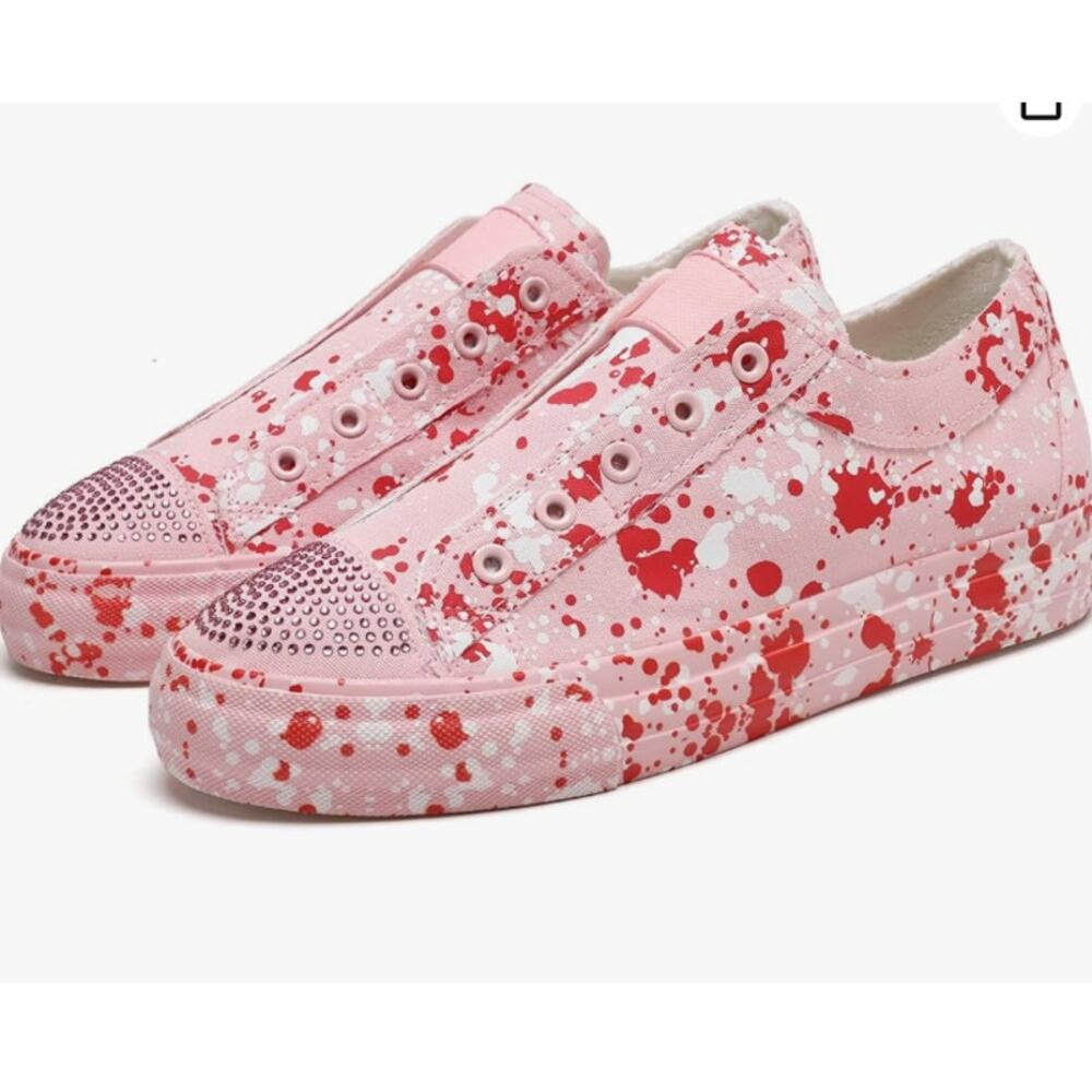 Women's Fashion Sneakers US 8.5 Slip-On Pink Red Splatter Pattern Blingy Toe NEW